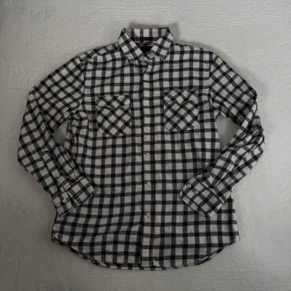 Banana Republic Mens M White Navy Blue Plaid Flannel Button Down Shirt Cotton